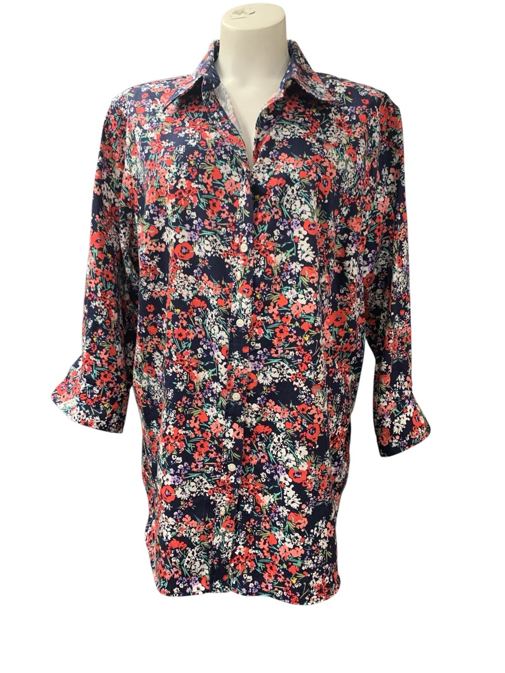 Chaps Floral Button-Down Shirt in Navy, Coral and White Size Xl